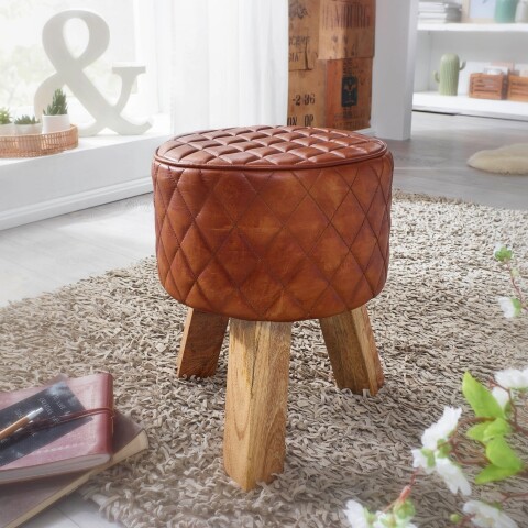 Sitzhocker >WL6.090< in Braun, Echtleder / Massivholz - 46x35cm (HxD)