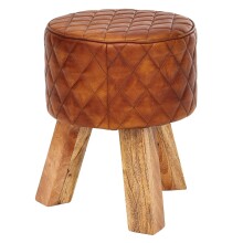 Sitzhocker >WL6.090< in Braun, Echtleder / Massivholz - 46x35cm (HxD)