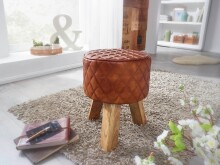 Sitzhocker >WL6.090< in Braun, Echtleder / Massivholz - 46x35cm (HxD)