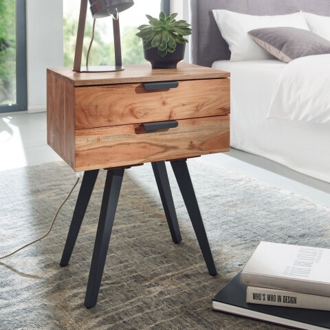 Nachtkommode >WL6.156< in Akazie, Massivholz / Metall - 47x65x35cm (BxHxT)