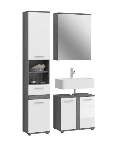 Badezimmer-Set >Blake< in Rauchsilber/Weiß hochglanz - 114x191x34cm (BxHxT)