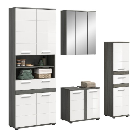 Badezimmer-Set >Blake< in Rauchsilber/Weiß hochglanz - 195x191x34cm (BxHxT)