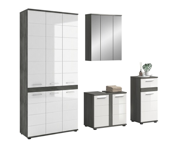 Badezimmer-Set >Blake< in Rauchsilber/Weiß hochglanz - 215x191x34cm (BxHxT)