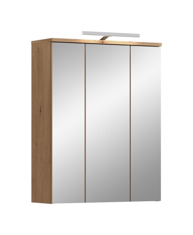 Badezimmerspiegelschrank >Blake< in Artisan Eiche / Spiegelglas - 60x77x21 (BxHxT)