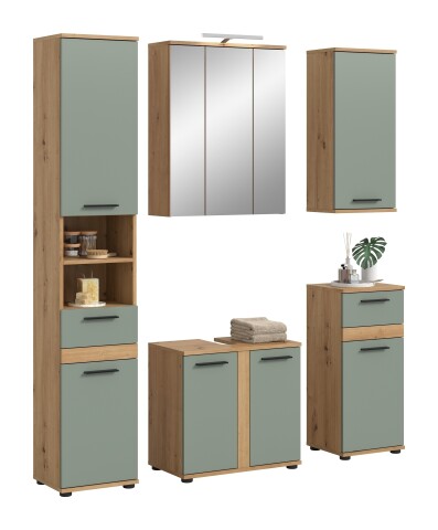 Badezimmer-Set >Blake< in Artisan Eiche Nachbildung/Salbei - 160x191x34 (BxHxT)