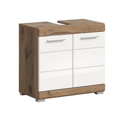 Waschbeckenunterschrank >Wave< in Nox Oak Dekor / Weiß - 60x56x34cm (BxHxT)