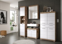 Waschbeckenunterschrank >Wave< in Nox Oak Dekor / Weiß - 60x56x34cm (BxHxT)