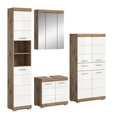 Badezimmer-Set >Wave< in Nox Oak Nachbildung/Weiß hochglanz - 204x191x34 (BxHxT)