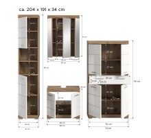 Badezimmer-Set >Wave< in Nox Oak Nachbildung/Weiß hochglanz - 204x191x34 (BxHxT)