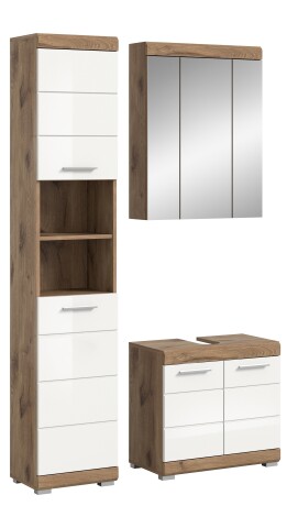 Badezimmer-Set >Wave< in Nox Oak Nachbildung/Weiß hochglanz - 112x191x34 (BxHxT)
