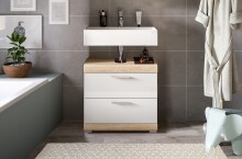Waschbeckenunterschrank >Lambada< in Eiche Dekor / Weiß - 60x56x34cm (BxHxT)