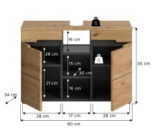 Waschbeckenunterschrank >Canu< in Basalt /Artisan Eiche Dekor - 80x55x34 (BxHxT)