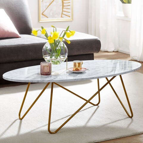 Couchtisch >WL6.315< in Marmor Optik Weiß, Holzwerkstoff - 120x40x60cm (BxHxT)