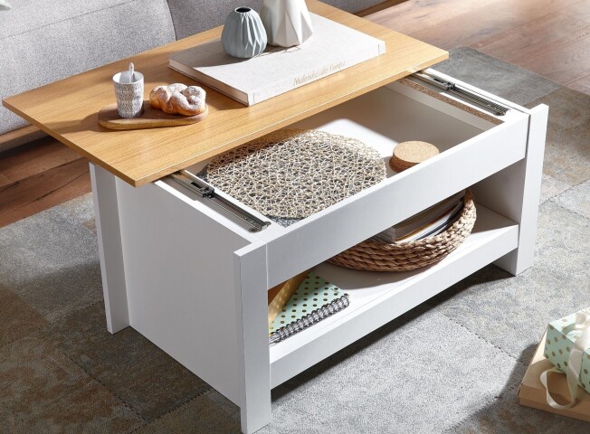 Couchtisch >WL6.382< in Weiß / Eiche Dekor, Holzwerkstoff - 85x45x47cm (BxHxT)