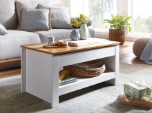 Couchtisch >WL6.382< in Weiß / Eiche Dekor, Holzwerkstoff - 85x45x47cm (BxHxT)