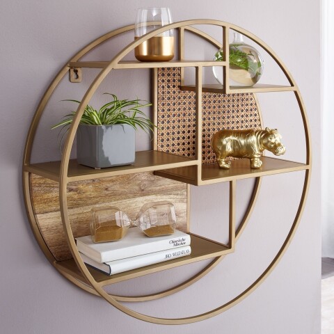 Wandregal >WL6.476< in gold, Metall + Mango / Rattan - 17x62cm (TxD)