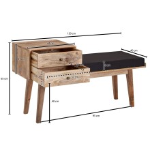 Sitzbank >WL6.485< in Schwarz, Massivholz / Metall / Stoff - 120x65x40cm (BxHxT)