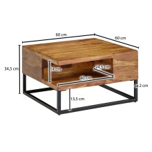 Couchtisch >WL6.535< in Sheesham, Massivholz / Edelstahl - 60x35x60cm (BxHxT)