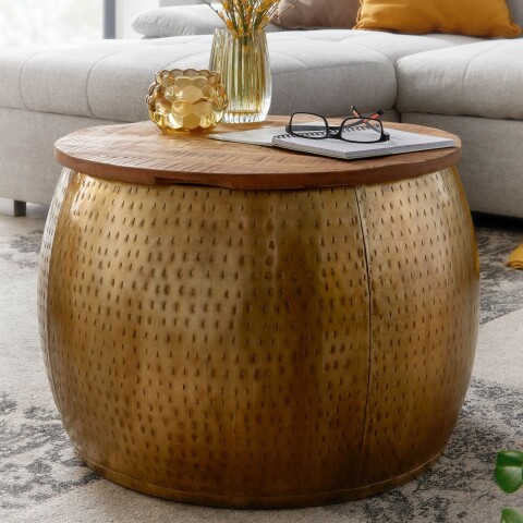 Couchtisch >WL6.705< in Mango / gold, Massivholz & Metall - 40x60cm (HxD)