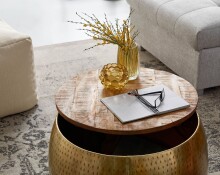 Couchtisch >WL6.705< in Mango / gold, Massivholz & Metall - 40x60cm (HxD)