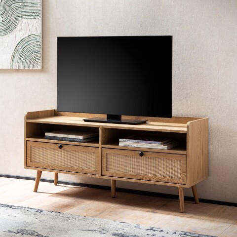 Lowboard >WL6.887< in Eiche-Dekor & Rattan, Holzwerkstoff - 120x56x39cm (BxHxT)