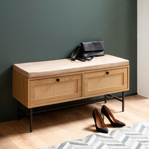Schuhbank >WL6.890< in Eiche Dekor & Geflecht, Holzwerkstoff - 100x48x38 (BxHxT)