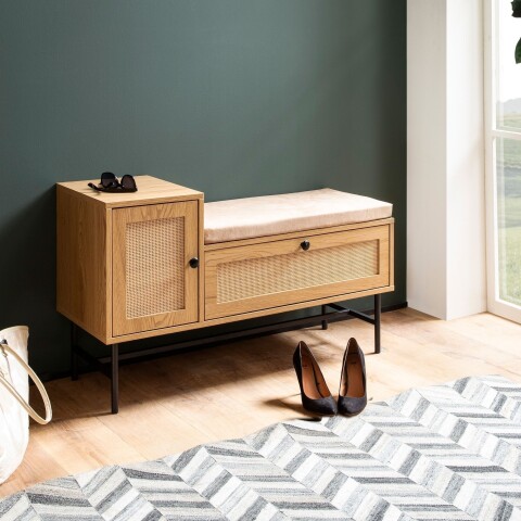 Schuhbank >WL6.891< in Eiche Dekor, Holzwerkstoff & Geflecht - 100x60x38 (BxHxT)