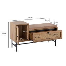 Schuhbank >WL6.891< in Eiche Dekor, Holzwerkstoff & Geflecht - 100x60x38 (BxHxT)
