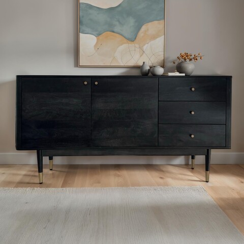 Sideboard >WL7.021< in Akazie Schwarz, Massivholz - 160x81x42cm (BxHxT)