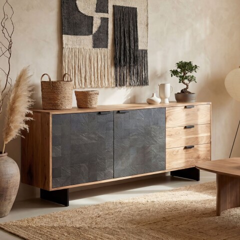 Sideboard >WL7.026< in Akazie / Steinoptik - 175x76x40 (BxHxT)