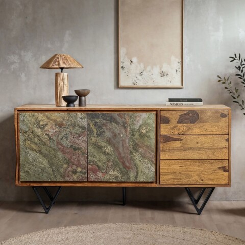 Sideboard >WL7.032< in Sheesham & Steinoptik, Massivholz - 150x55x40cm (BxHxT)