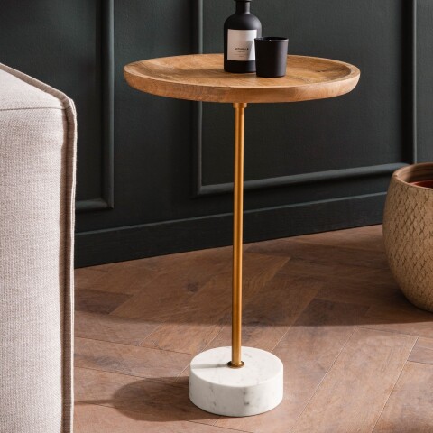 Beistelltisch >WL7.217< in Mango, Massivholz & Marmor  - 55x40cm (HxD)