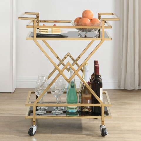 Servierwagen >WL7.335< in Gold, Metall & Schwarzglas - 65x80x40cm (BxHxT)