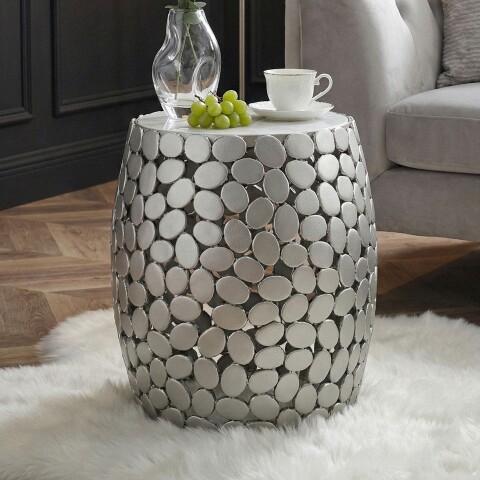 Beistelltisch >WL7.359< in Silber, Marmor & Aluminium - 46x40cm (HxD)