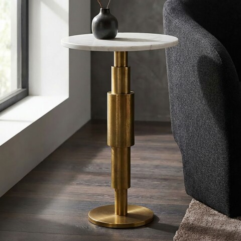Beistelltisch >WL7.370< in Weiß, Marmor & Aluminium  - 59x37cm (HxD)