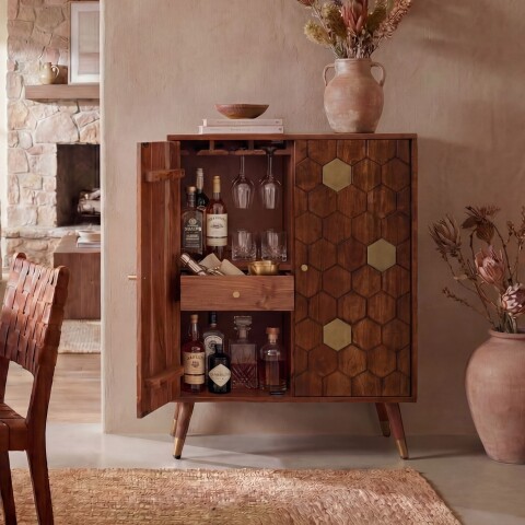 Barschrank >WL7.442< in Akazie, Massivholz & Metall - 75x96x46cm (BxHxT)
