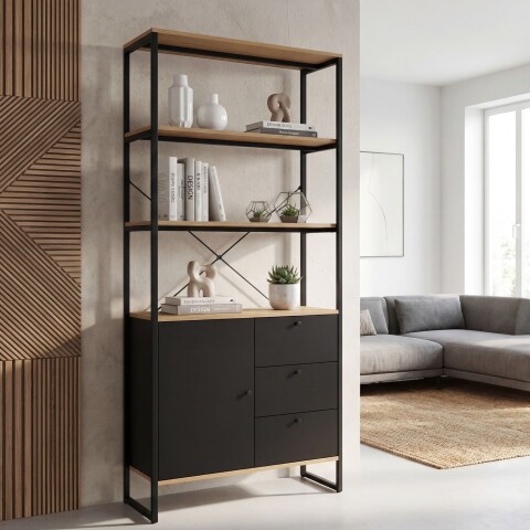 Bücherregal >WL7.640< in Eiche Dekor & Schwarz - 80x180x40 (BxHxT)
