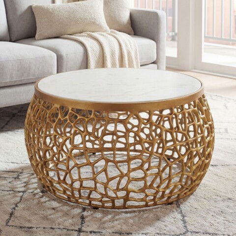 Couchtisch >WL7.656< in Weiß / Gold, Marmor & Aluminium - 35x60cm (HxD)