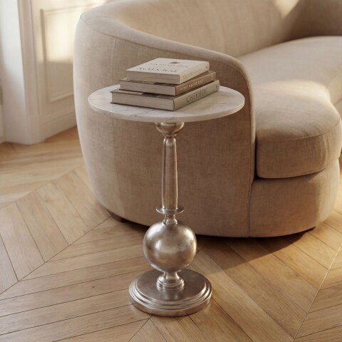 Beistelltisch >WL7.713< in Weiß / Silber, Marmor & Aluminium - 57x40cm (HxD)