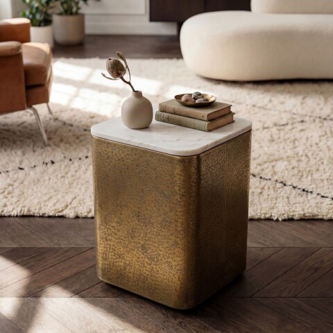 Beistelltisch >WL7.716< in Weiß / Gold, Marmor & Metall - 33x47x33cm (BxHxT)