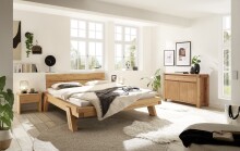 Massivholzbett >BE-0880< 4-Fuß, Kiefer eichefarbig honig gebeizt & geölt - 202x85x216 (BxHxT)