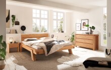 Massivholzbett >BE-0880< 4-Fuß, Kiefer eichefarbig honig gebeizt & geölt - 202x85x216 (BxHxT)