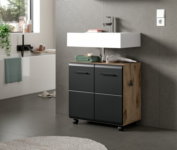 Waschbeckenunterschrank >Ice< in Nox Oak Dekor / Schwarz - 60x58x30cm (BxHxT)