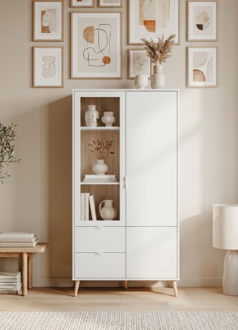 Vitrine >Soma< in weiß / Dekor Eiche, Holzwerkstoff - 92x191x40cm (BxHxT)