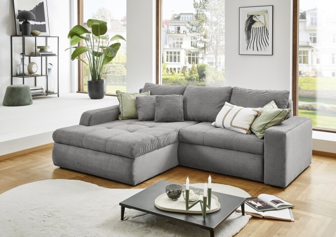 Polsterecke >Luno< Stauraum+Schlaffunktion, Cord hellgrau - 241x89x175cm (BxHxT)