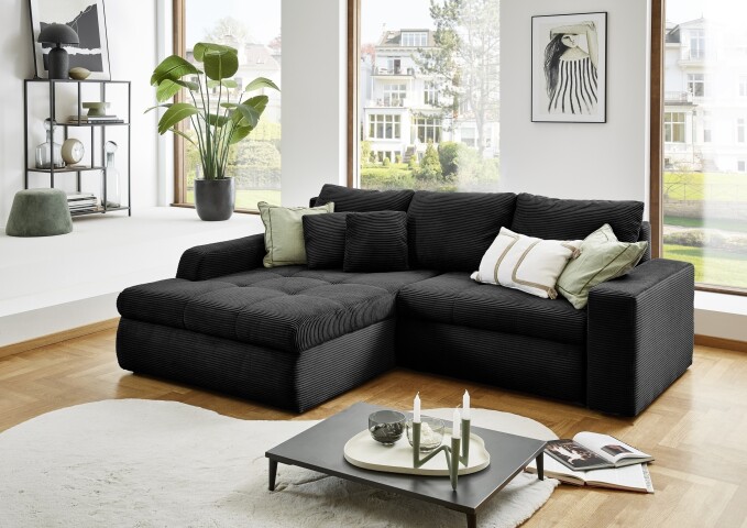 Polsterecke >Luno< Stauraum+Schlaffunktion, Cord schwarz - 241x89x175cm (BxHxT)