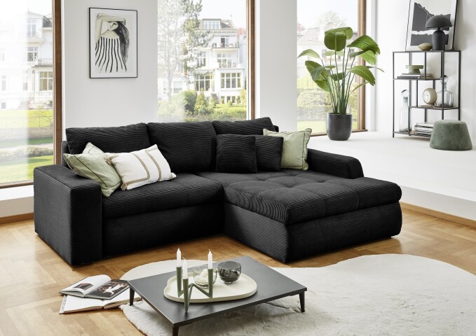 Polsterecke >Luno< elektr. Sitztiefenverstellung, Cord schwarz - 241x89x175cm (BxHxT)