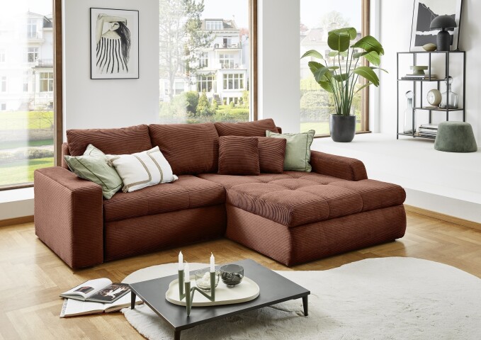 Polsterecke >Luno< elektr. Sitztiefenverstellung, Cord rost - 241x89x175cm (BxHxT)