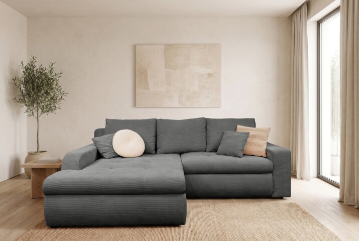 Polsterecke >Luno< el. Sitztiefenverstellung, Feincord dunkelgrau - 241x89x175cm (BxHxT)