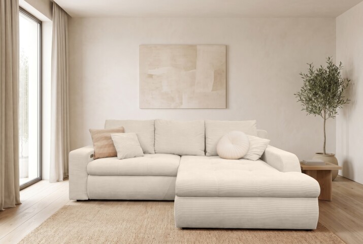Polsterecke >Luno< elektr. Sitztiefenverstellung, Feincord creme - 241x89x175cm (BxHxT)